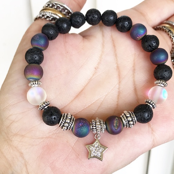 Druzy quartz Lava rock white gold plated cz star - Picture 4 of 8